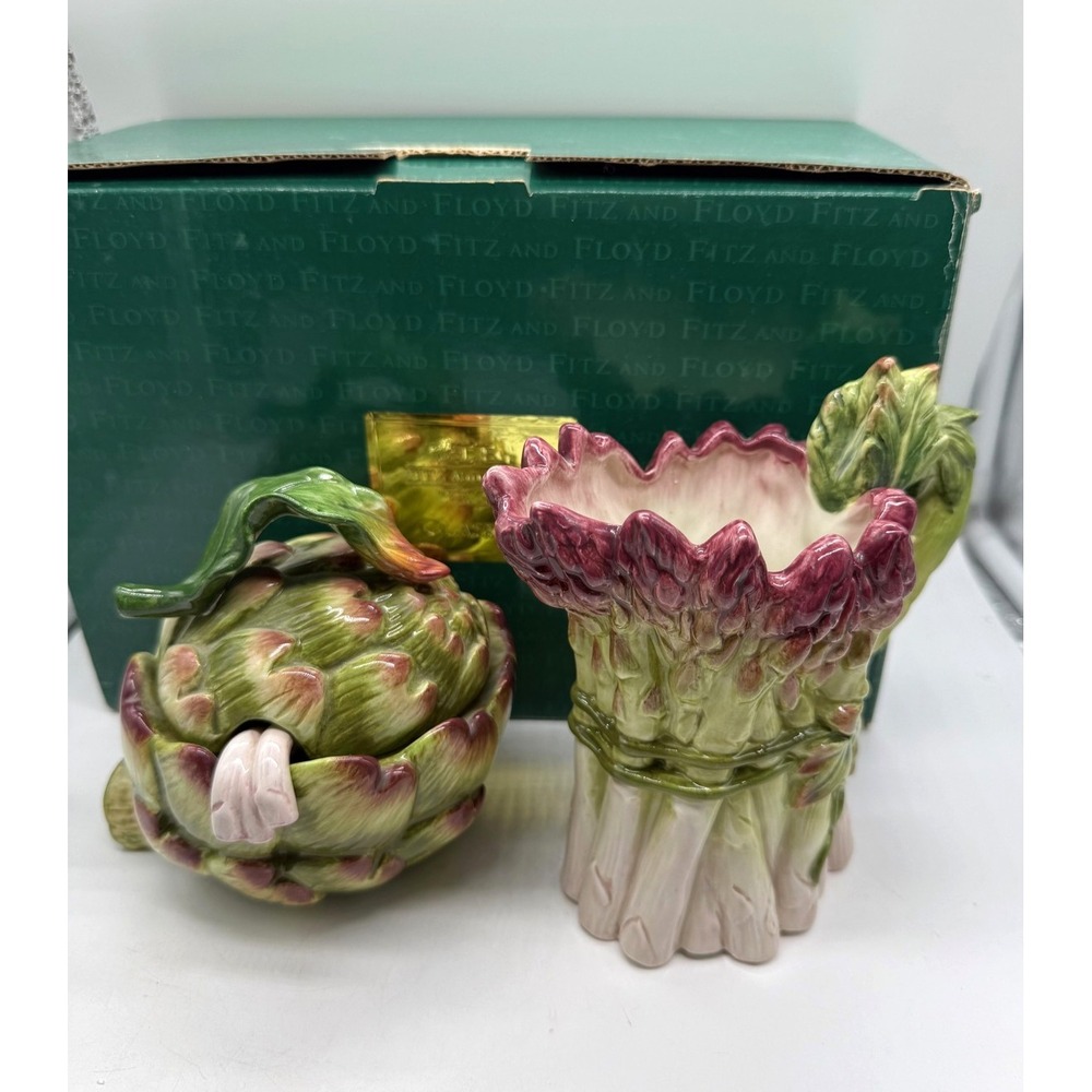 Fitz And Floyd Artichoke Asperagus Cream and Sugar Spoon Ceramic Classics Garden